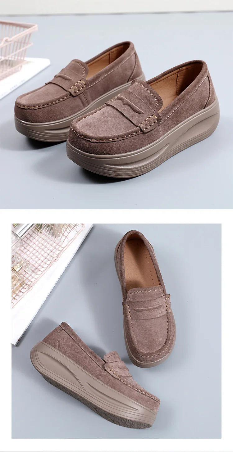 Women's cow suede platform loafers by Jelieora Venture featuring a stylish slip-on design and chunky sole.