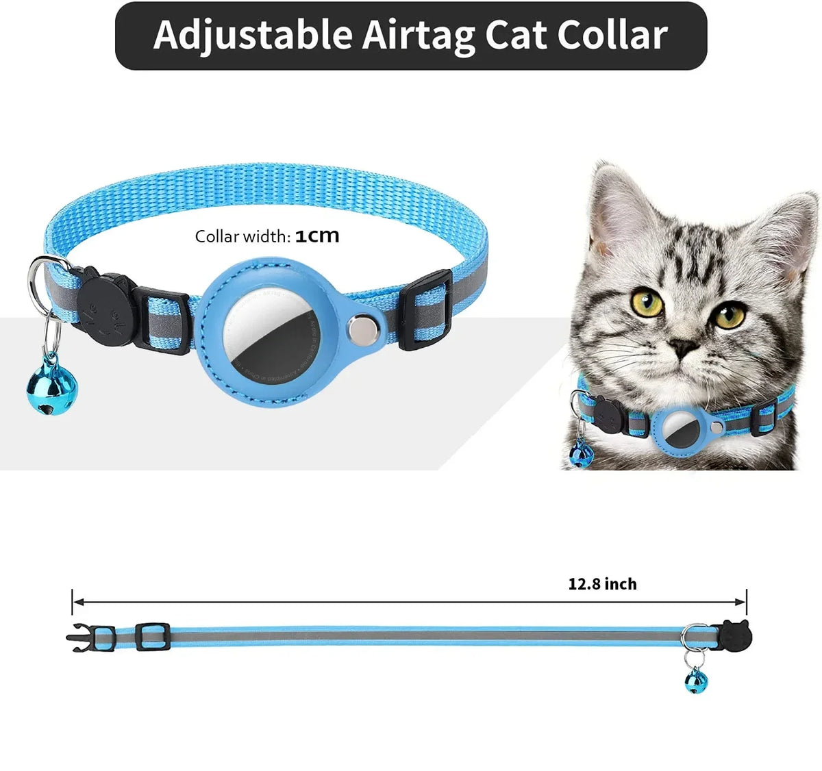 Jelieora Venture adjustable cat collar with footprint print, reflective safety necklace, bell, and Airtag holder for pet security.