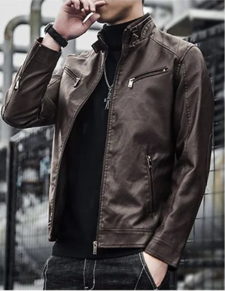 Men's faux leather biker jacket by Jelieora Venture featuring a classic design with zippers and a fitted style.