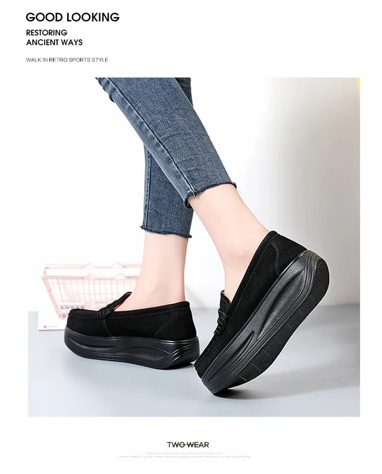 Women's cow suede platform loafers by Jelieora Venture featuring a stylish slip-on design and chunky soles.