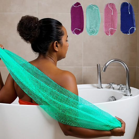 African net bath sponge by Jelieora Venture, exfoliating scrub for deep cleaning and smoothing skin on arms, legs, and body.