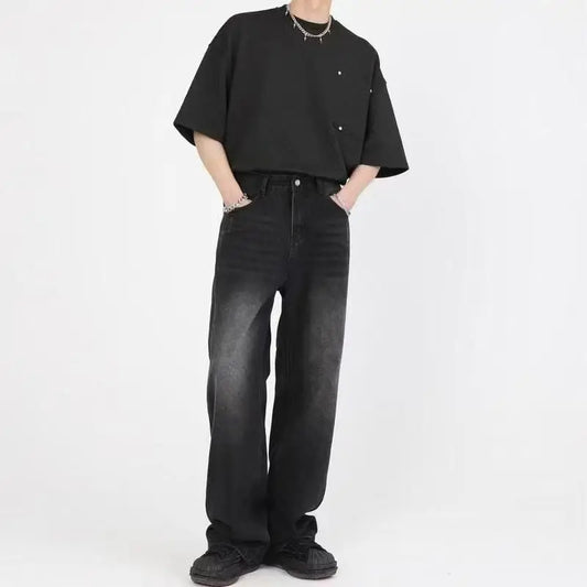 Men's distressed wide leg jeans by Jelieora Venture featuring a relaxed fit and ripped details on denim fabric.