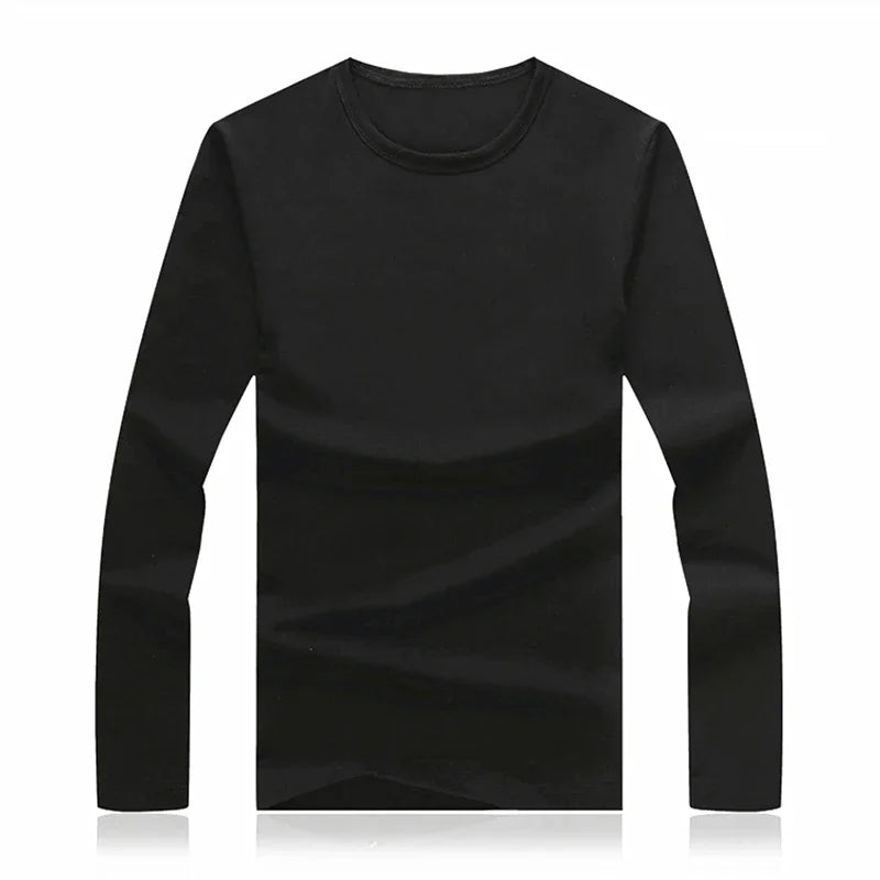 Men's slim fit long sleeve T-shirt by Jelieora Venture, shown in a comfortable, modern style with a close-up of the fabric and fit.