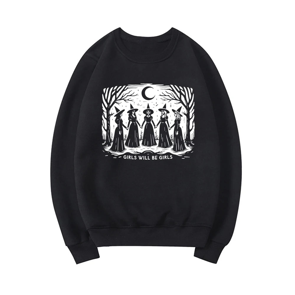 Girls Will Be Girls Witch Sweatshirt by Jelieora Venture featuring a cozy black sweatshirt with witch-themed graphics and lettering.