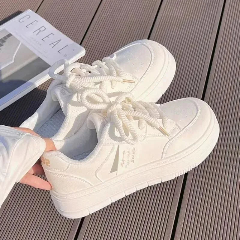 Women's White Leather Flat Casual Shoes | Breathable Lace-Up Vulcanised Sole