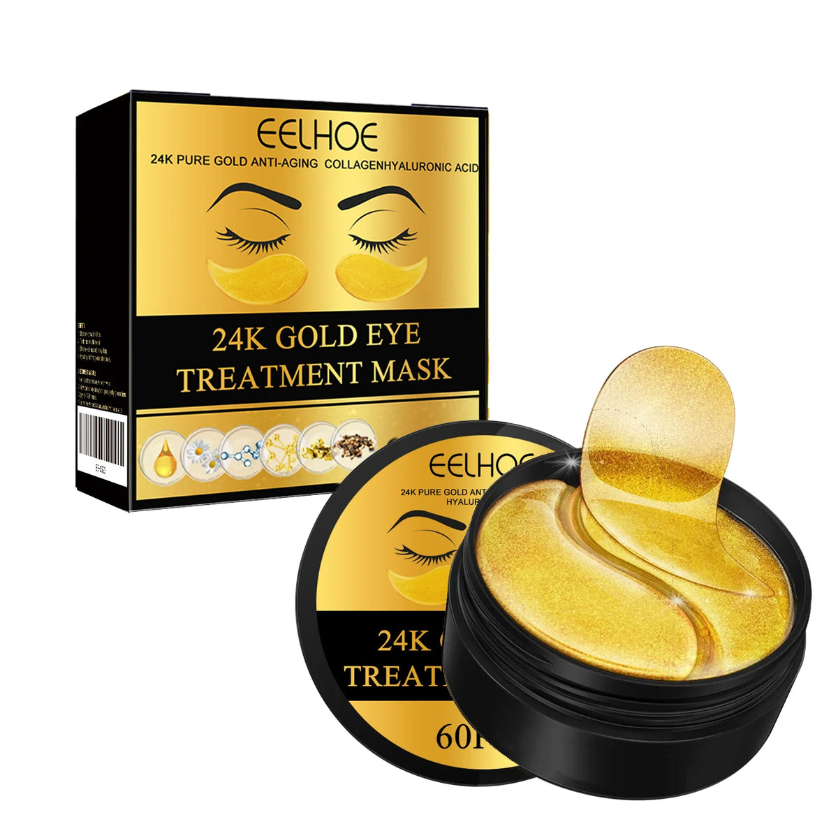 EELHOE 24k gold under eye patches by Jelieora Venture, 60-piece collagen and hyaluronic acid eye masks for anti-aging skincare.