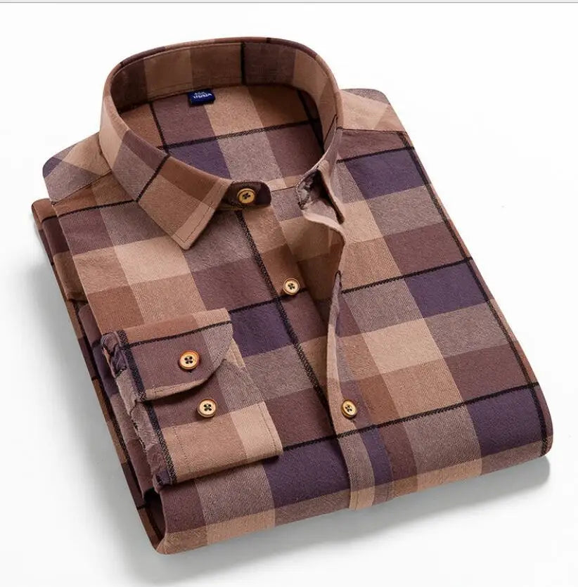 Men's 100% cotton flannel plaid shirt from Jelieora Venture, featuring a classic checkered pattern and long sleeves.