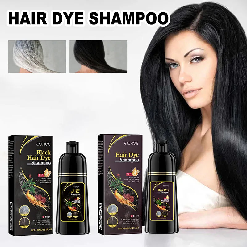 Jelieora Venture 3-in-1 darkening hair colour shampoo for hair and scalp care, showing the shampoo bottle with dark liquid inside.