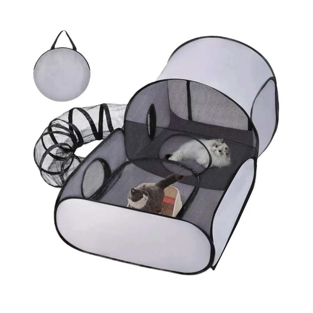 Foldable Jelieora Venture cat and dog playpen with breathable fabric, featuring a tent design and interactive toys for pets.