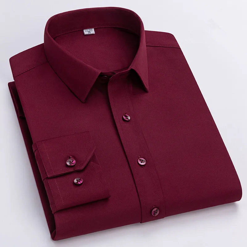 Men's slim fit long sleeve shirt by Jelieora Venture, in a classic design with a collar and button closures, displayed on a hanger.