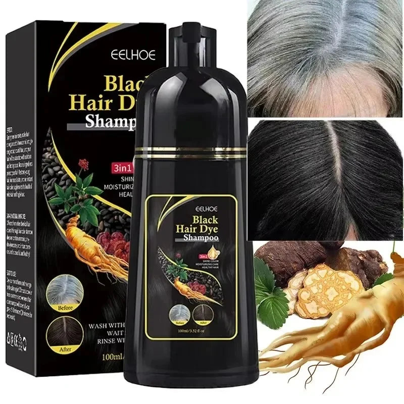 Jelieora Venture 3-in-1 darkening hair colour shampoo for hair and scalp care, showing the bottle with dark liquid and label.