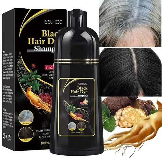 Jelieora Venture 3-in-1 darkening hair colour shampoo for hair and scalp care, showing the bottle with dark liquid and label.