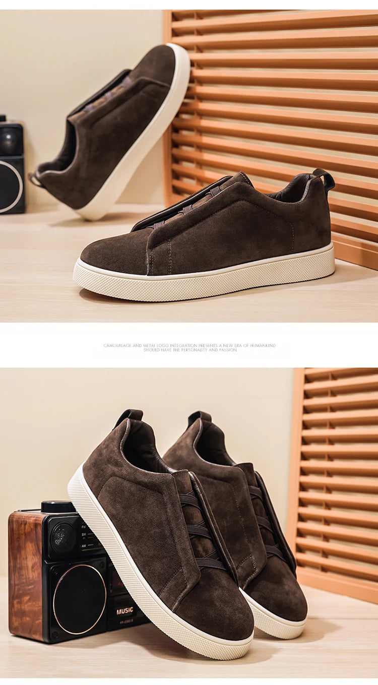 Men's suede leather casual shoes with thick soles by Jelieora Venture, showcasing a stylish, comfortable footwear design.