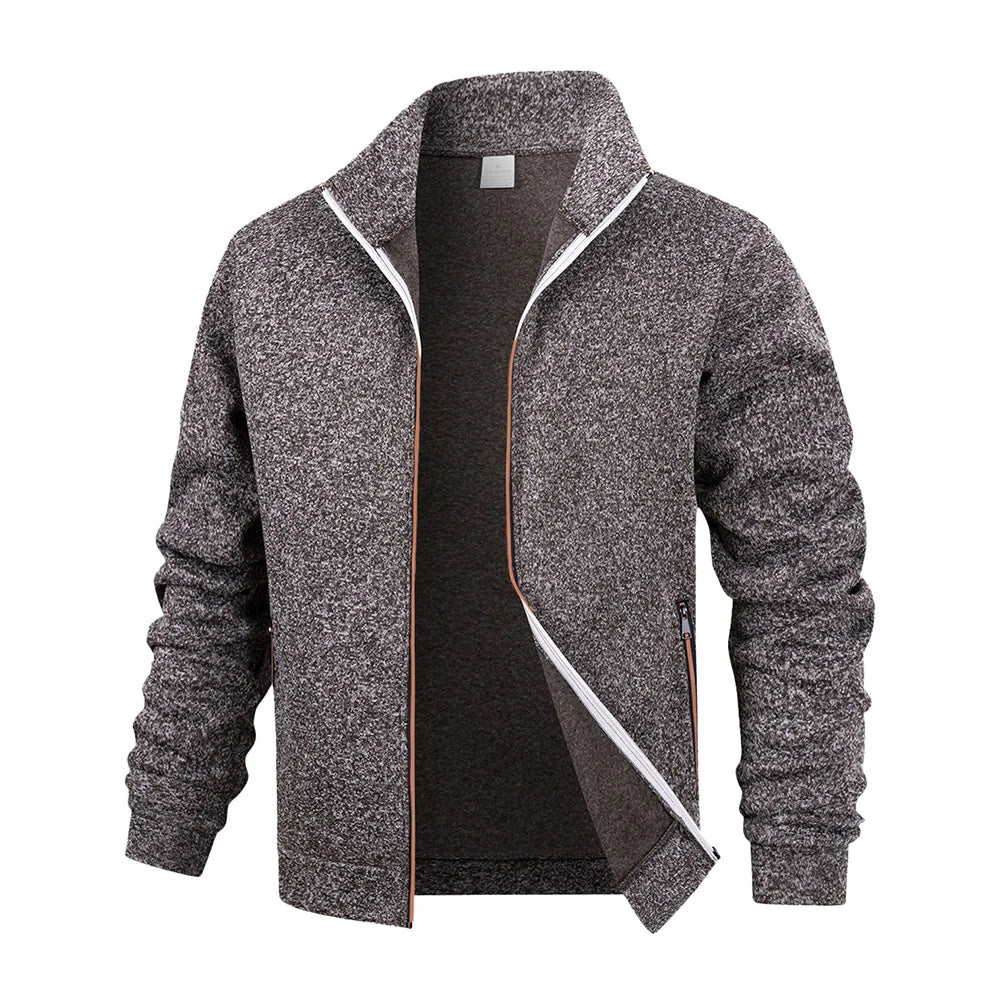 Men's fleece zip jacket by Jelieora Venture, navy blue with front zipper and stand collar, cozy and stylish for casual wear.