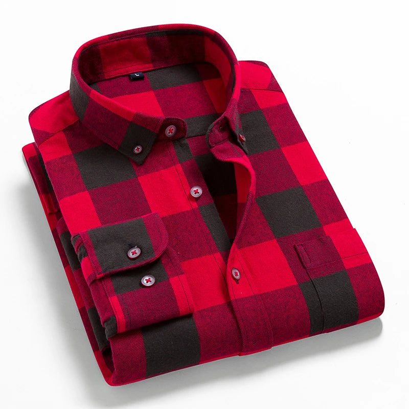 Men's 100% cotton flannel plaid shirt by Jelieora Venture, shown in a classic checkered pattern, long-sleeve casual top.