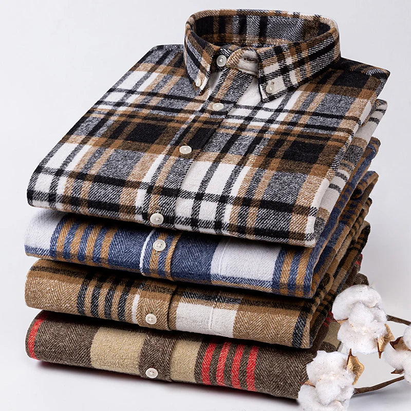 Men's 100% cotton herringbone plaid shirt by Jelieora Venture, featuring classic pattern and button-up style, available up to 7XL.