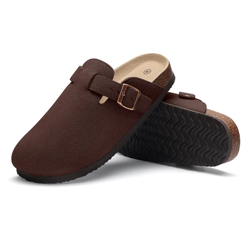 Women's suede mule clogs with cork soles and adjustable buckle from Jelieora Venture, showcasing stylish and comfortable footwear.