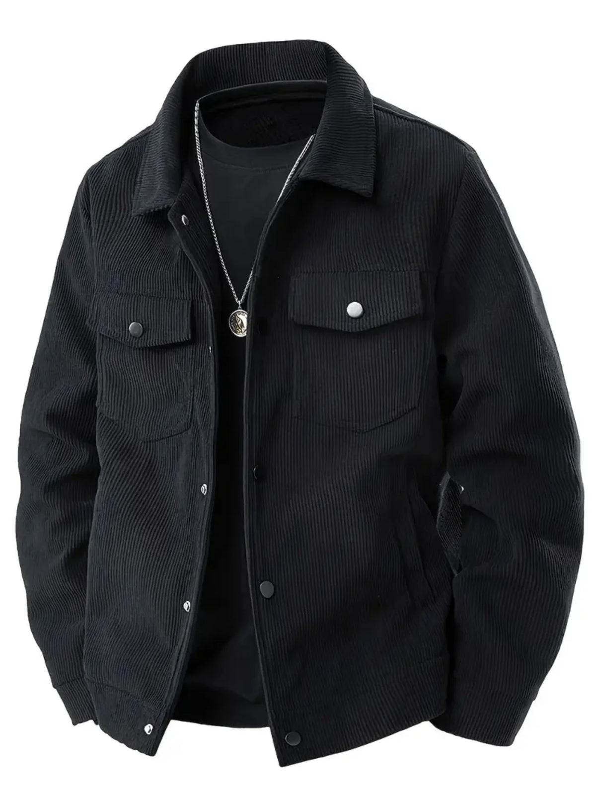 Men's Japanese style corduroy lapel jacket by Jelieora Venture, shown in a close-up of the textured fabric and stylish collar.