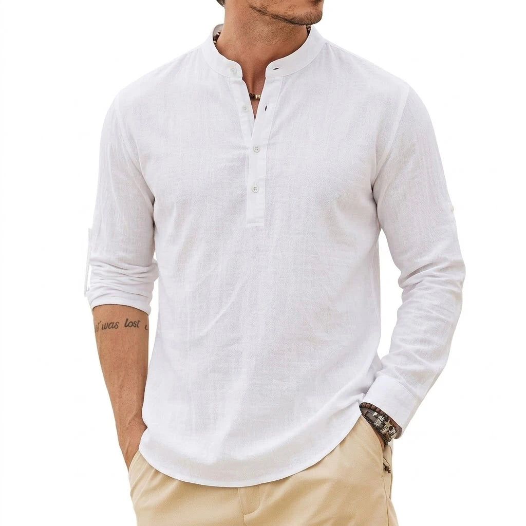 Men's linen Henley shirt by Jelieora Venture, featuring a casual fit with a buttoned neckline and lightweight, breathable fabric.