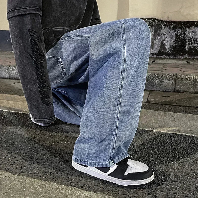 Men's wide leg streetwear jeans by Jelieora Venture, showcasing the relaxed fit and casual style in a front view.