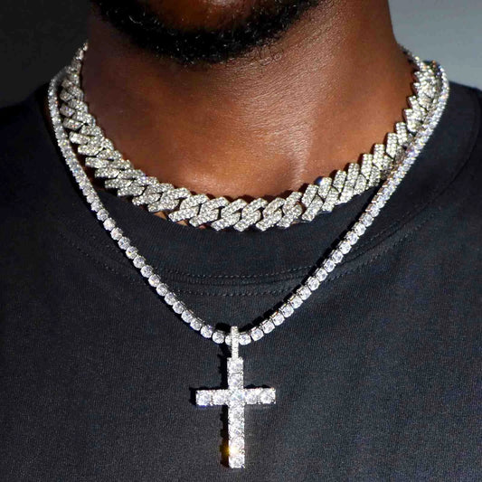 Hip Hop Cuban Link Chain Necklace Set | 2pcs Cross Tennis & Prong Cuban | Men & Women