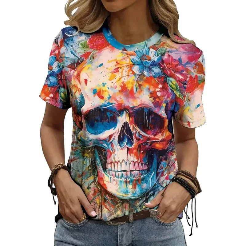 Women's skeleton print t-shirt by Jelieora Venture, featuring a detailed skeleton design on a casual black top.