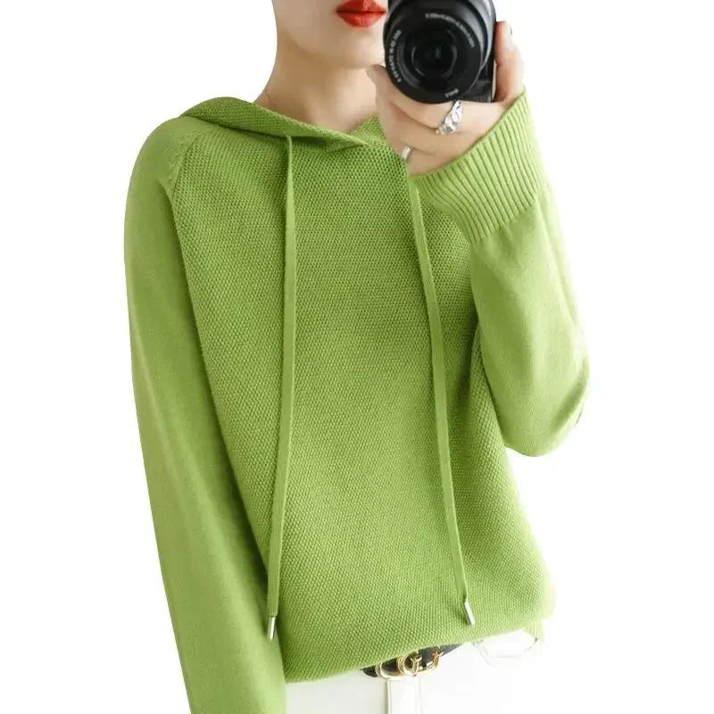 Women's knitted hoodie jumper by Jelieora Venture, featuring a cozy design, soft fabric, and a stylish hooded silhouette.