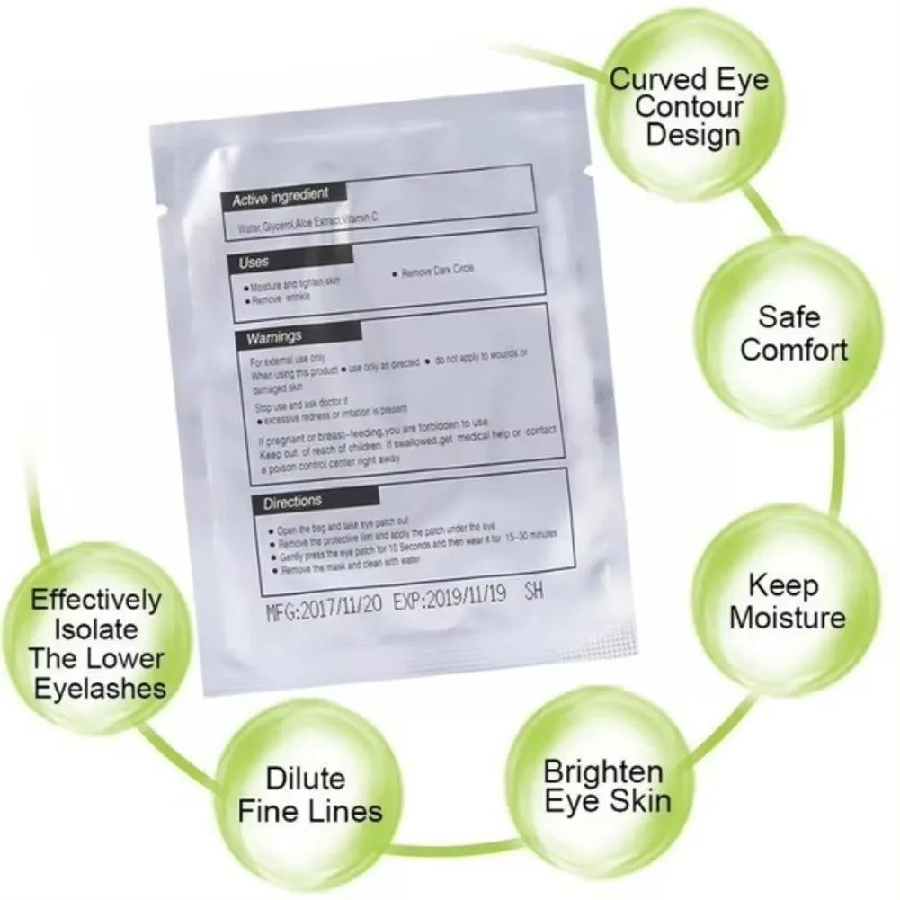 Set of 50 Jelieora Venture eyelash under eye patches and hydrogel eye pads for makeup and eyelash extension removal.