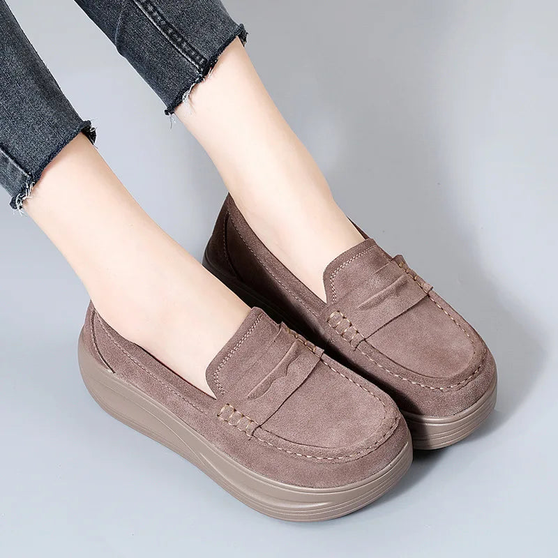 Women's cow suede platform loafers by Jelieora Venture featuring a stylish slip-on design and chunky sole for casual wear.