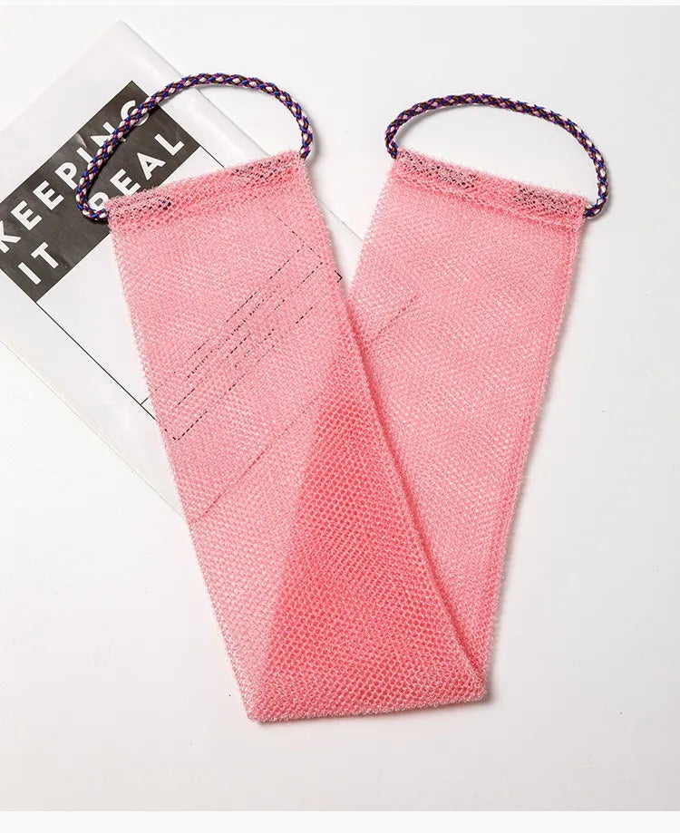 African net bath sponge from Jelieora Venture, showing a textured shower puff for exfoliating and back scrubbing in a bathroom setting.