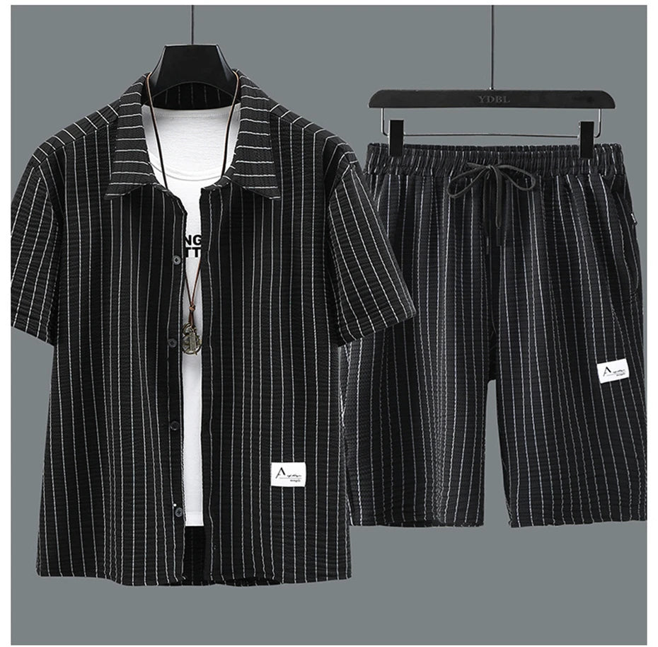 Men's plus size stripe shirt and shorts set by Jelieora Venture, summer co-ord in 4XL to 11XL, featuring a stylish striped design.