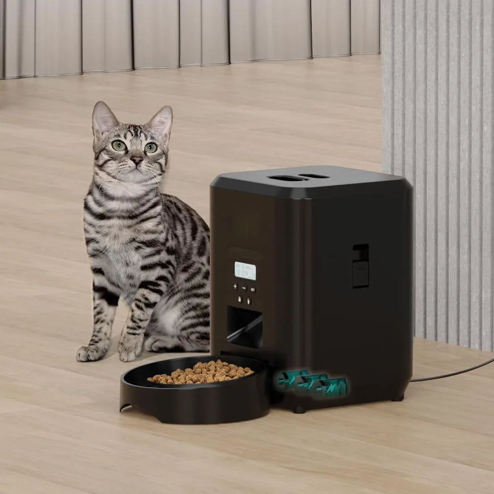 Automatic Jelieora Venture pet feeder for cats and dogs with timed, quantitative food dispensing and a bowl for easy feeding.