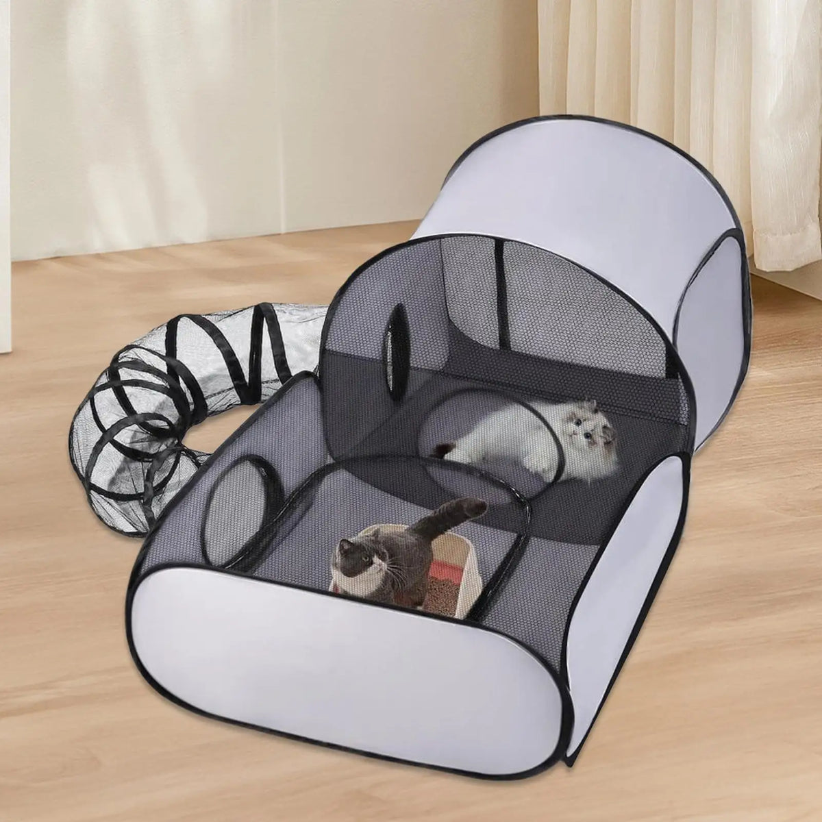 Foldable Jelieora Venture cat and dog playpen with breathable mesh sides, interactive toys, and tent design for small pets.