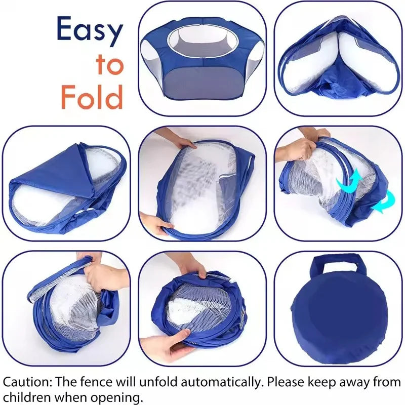 Portable transparent foldable pet playpen tent for small animals like puppies, cats, hamsters, rabbits, and guinea pigs by Jelieora Venture.