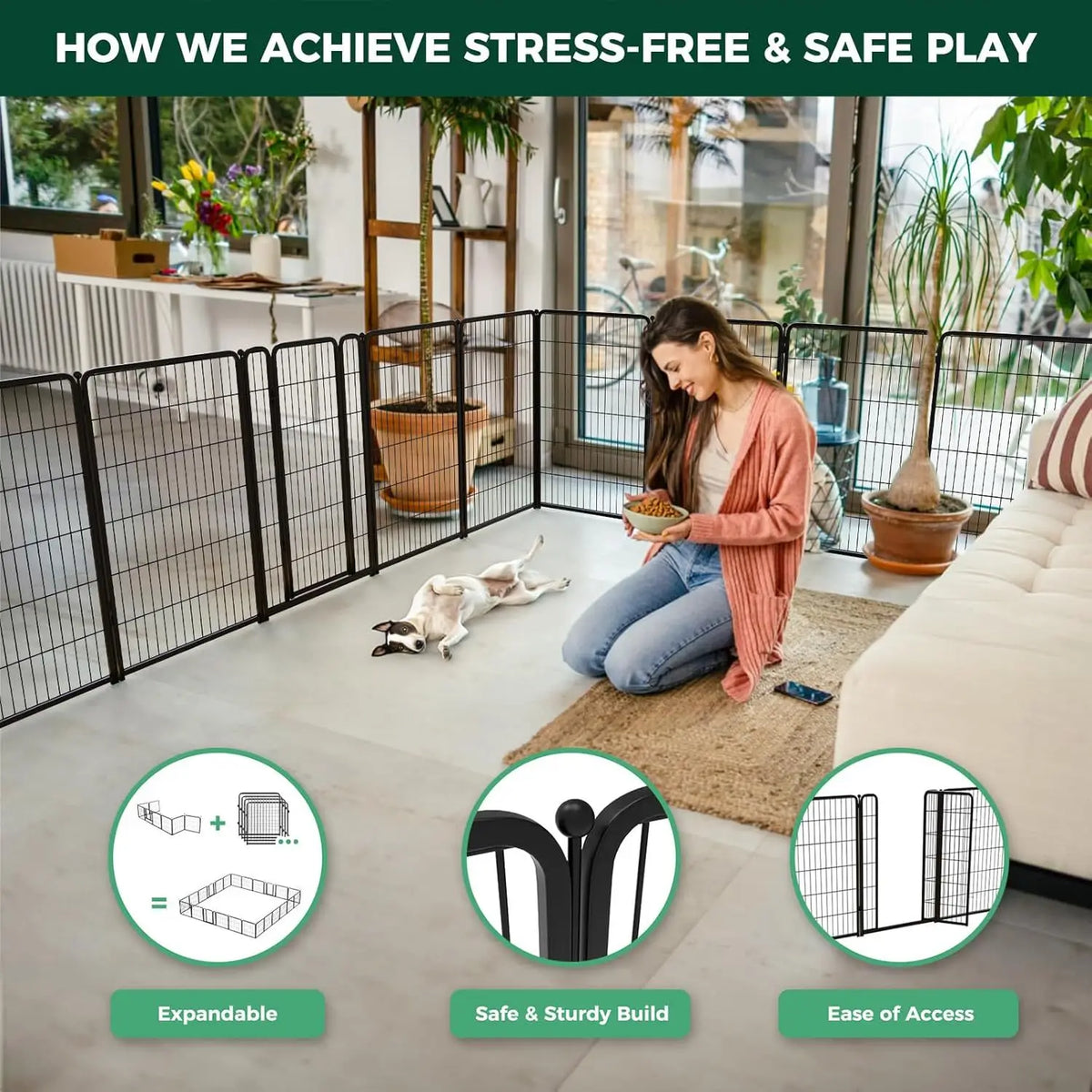 Jelieora Venture heavy duty dog playpen with ground stakes, indoor outdoor pet fence for puppy safety and containment.
