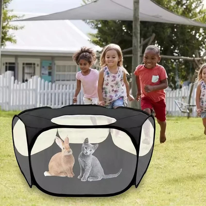 Portable transparent foldable pet playpen tent for small animals like puppies, cats, hamsters, rabbits, and guinea pigs by Jelieora Venture.