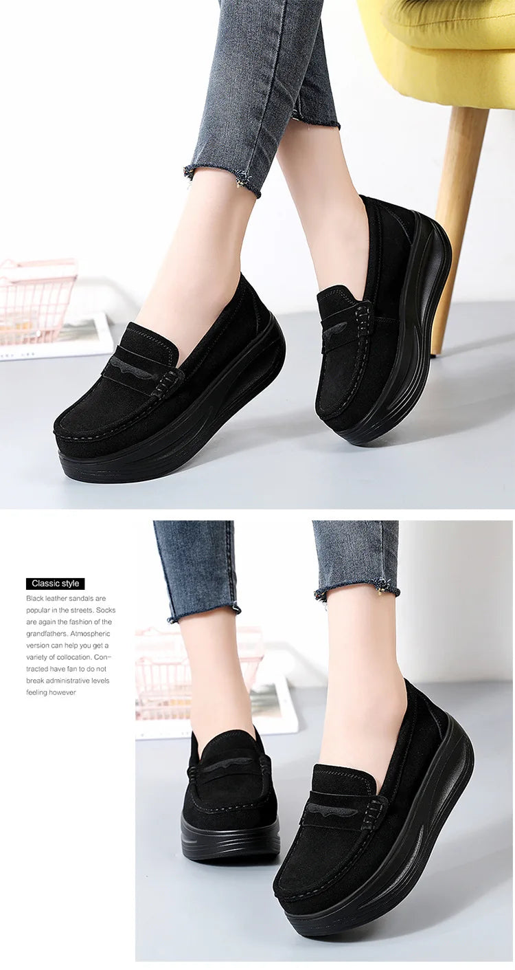 Women's cow suede platform loafers by Jelieora Venture featuring stylish slip-on footwear with a chunky heel and comfortable design.