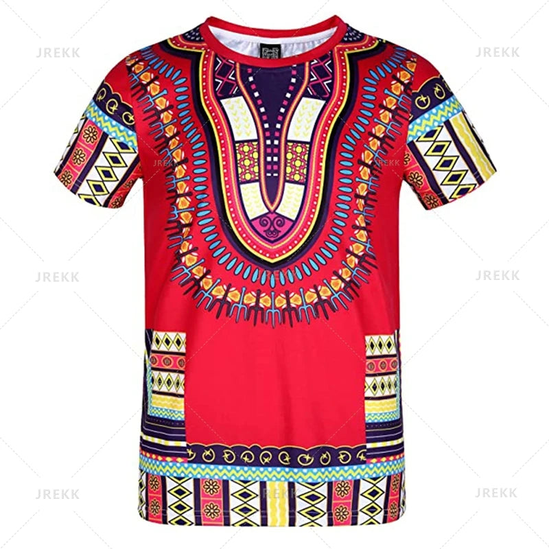 Men's African print T-shirt by Jelieora Venture featuring vibrant traditional patterns and bold colors.