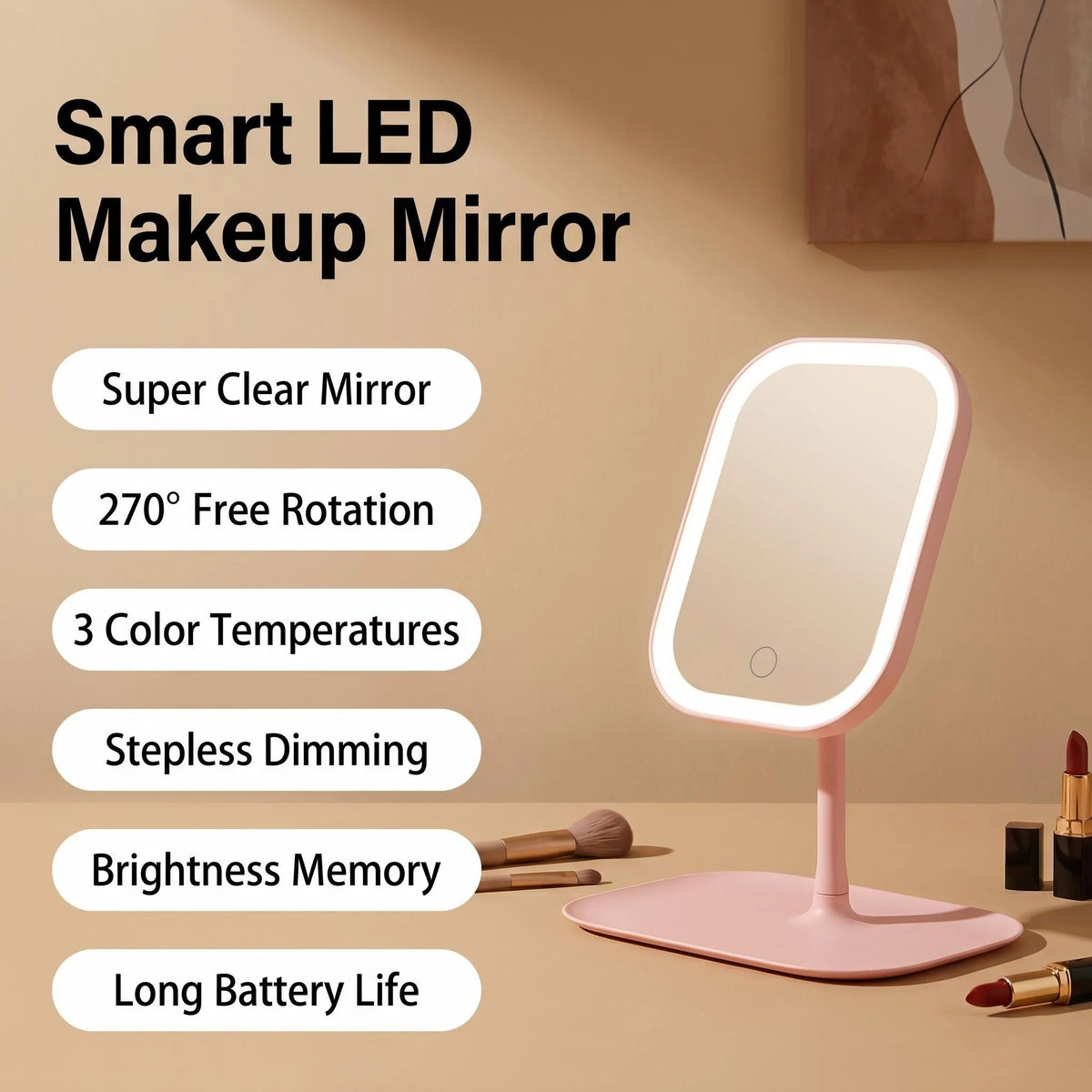 LED Desktop Vanity Mirror | 3 Colour Lights Touch Control Makeup Mirror