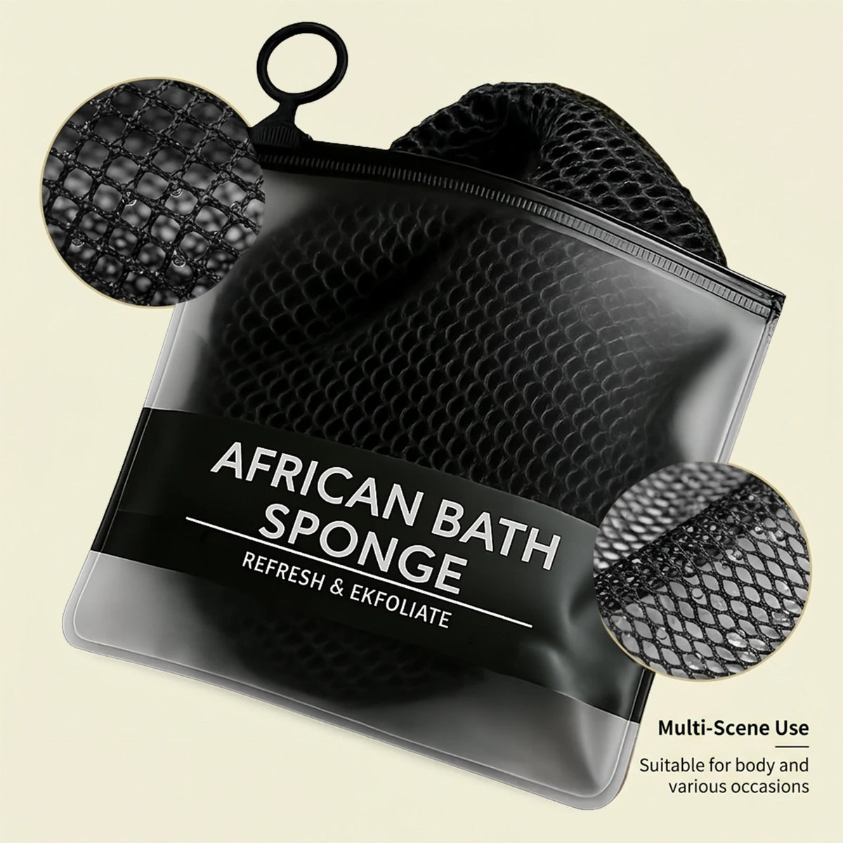 African net sponge exfoliating body scrubber by Jelieora Venture, long nylon bath net for soft shower cleansing and back scrubbing.