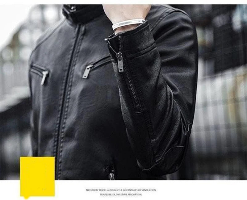 Men's faux leather biker jacket by Jelieora Venture, front view showcasing classic style and detailed stitching.