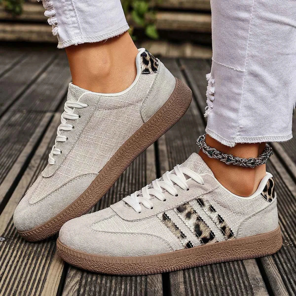 Women's Leopard Print Casual Sports Shoes | Lace-Up Anti-Slip Trainers