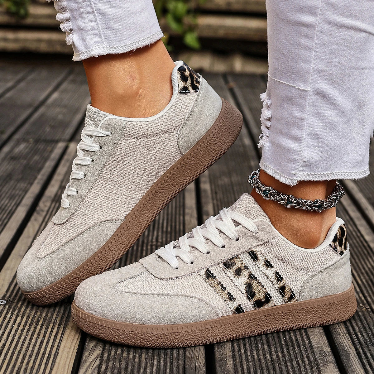 Women's Leopard Print Casual Sports Shoes | Lace-Up Anti-Slip Trainers