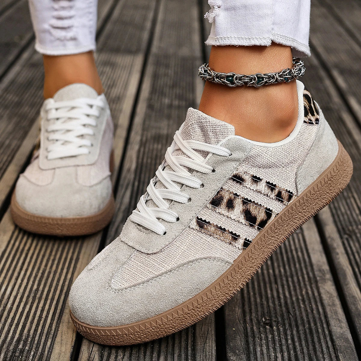 Women's Leopard Print Casual Sports Shoes | Lace-Up Anti-Slip Trainers