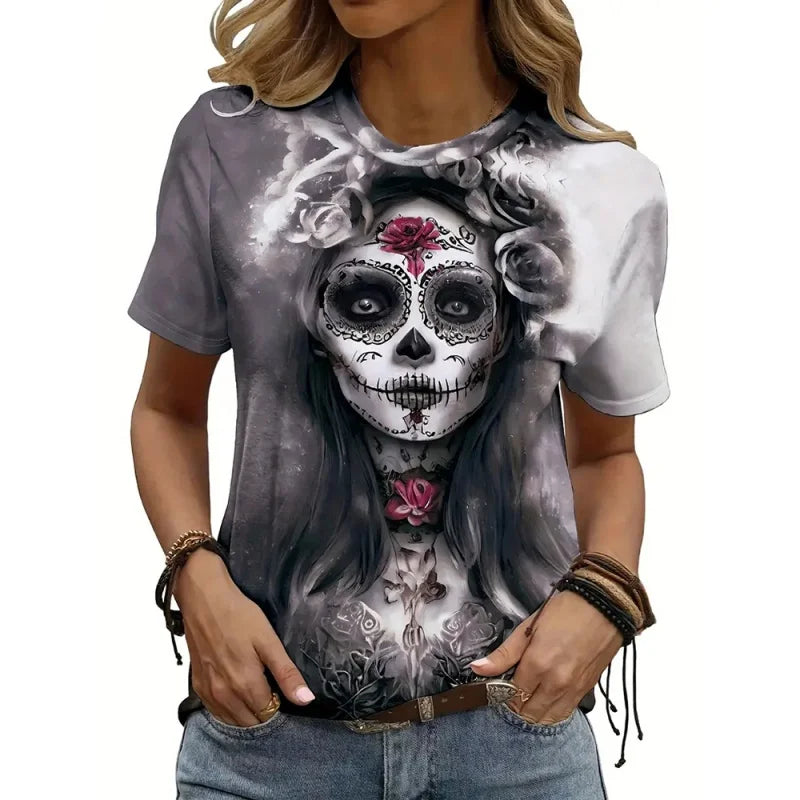 Jelieora Venture women's skeleton print T-shirt featuring a black skeleton graphic on a casual black cotton top.