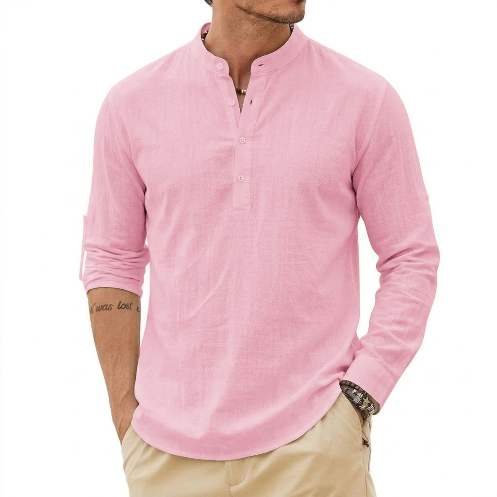 Men's linen Henley shirt by Jelieora Venture, showing a lightweight, breathable fabric with a buttoned collar and casual fit.