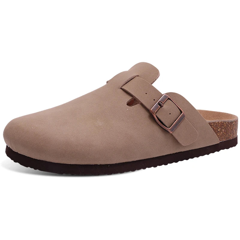 Women's suede mule clogs with cork sole and adjustable buckle, stylish Jelieora Venture footwear for comfortable casual wear.