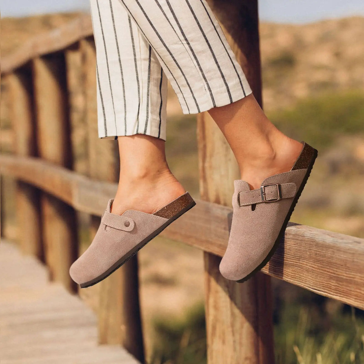 Women's suede cork footbed mule clogs by Jelieora Venture featuring a stylish slip-on design and natural craftsmanship.