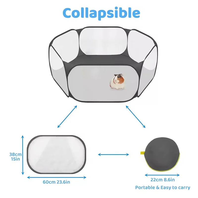 Jelieora Venture portable transparent foldable pet playpen tent for small animals like puppies, cats, hamsters, rabbits, and guinea pigs.