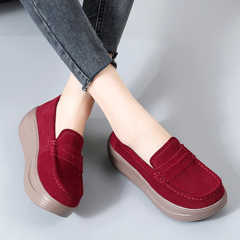 Women's cow suede platform loafers by Jelieora Venture featuring a stylish slip-on design and chunky sole in natural tones.